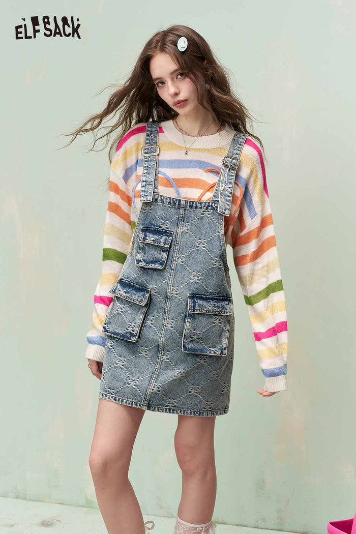 ELFSACK Vintage Sweet Cool Bow Allover Jacquard Multi Pocket Denim Jumpsuit