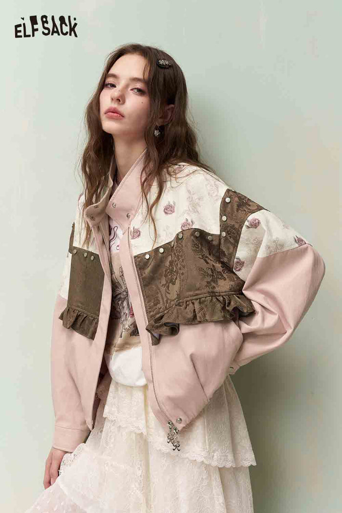 ELFSACK Vintage Sweet Cool Rivet Accent Jacquard Ruffle Cropped Jacket
