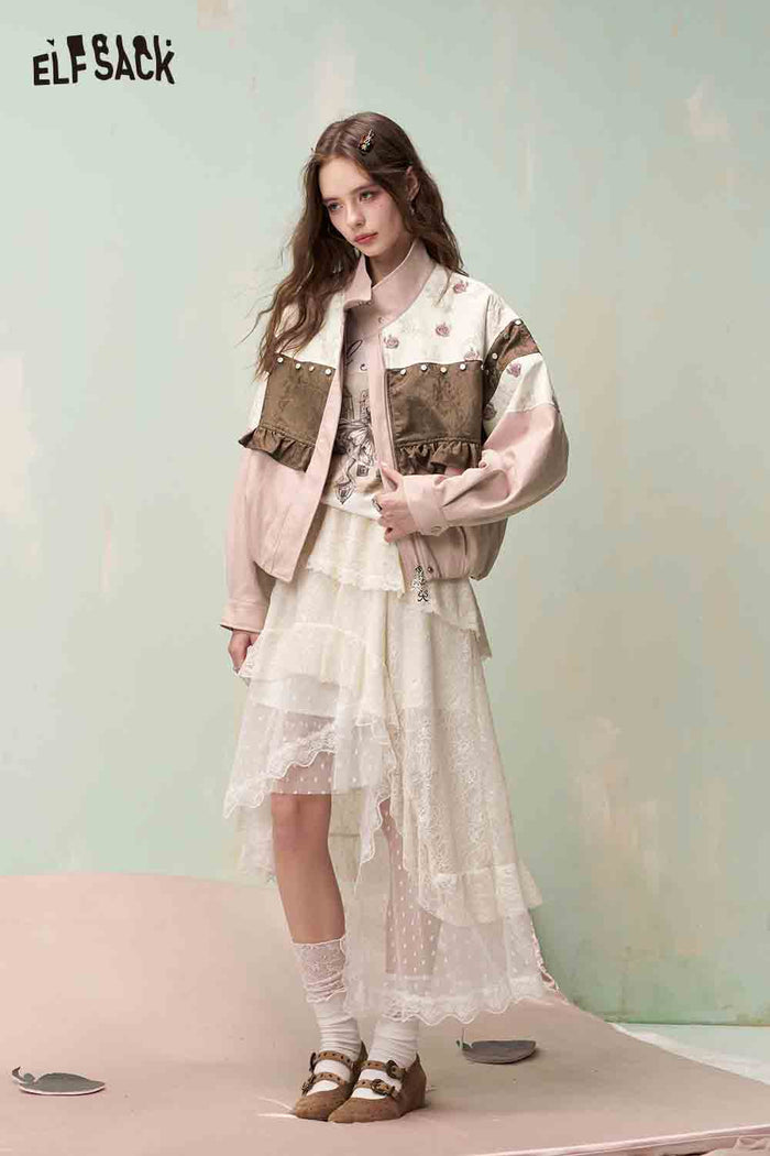 ELFSACK Vintage Sweet Cool Rivet Accent Jacquard Ruffle Cropped Jacket