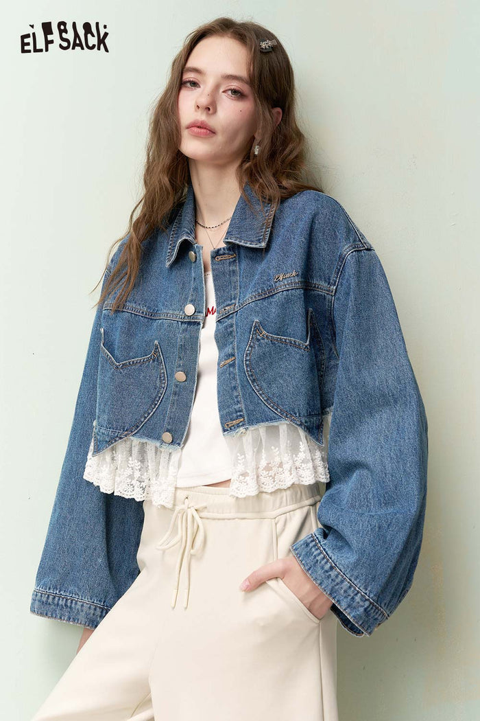 ELFSACK Vintage Sweet Girly Lace Trim Heart Pocket Cropped Denim Jacket