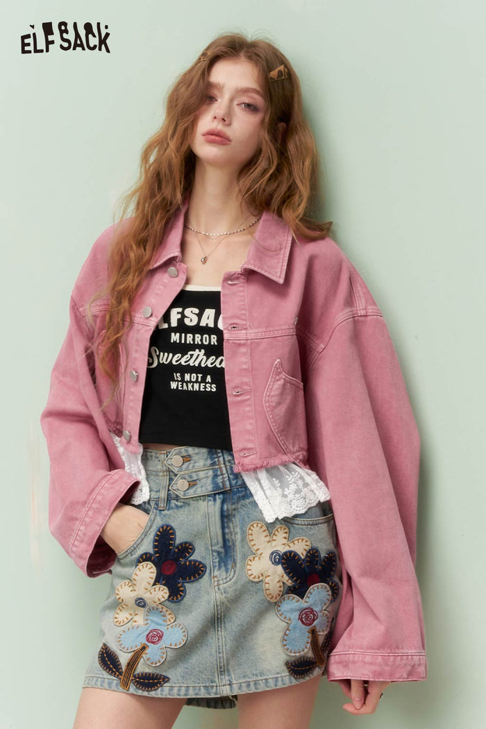 ELFSACK Vintage Sweet Girly Lace Trim Heart Pocket Cropped Denim Jacket