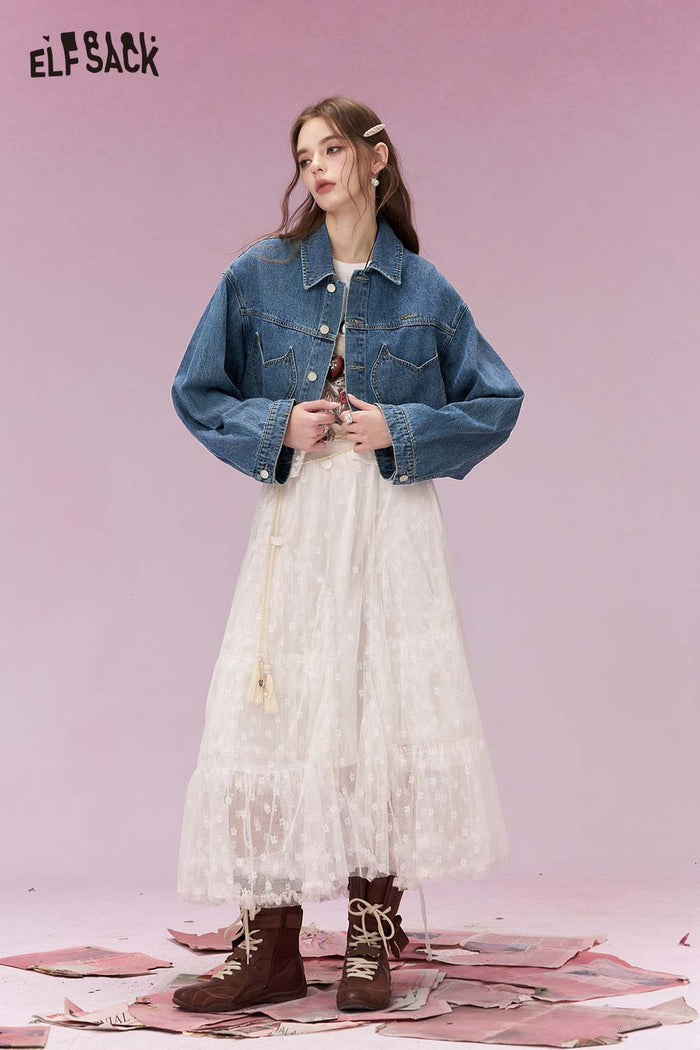 ELFSACK Vintage Sweet Girly Lace Trim Heart Pocket Cropped Denim Jacket