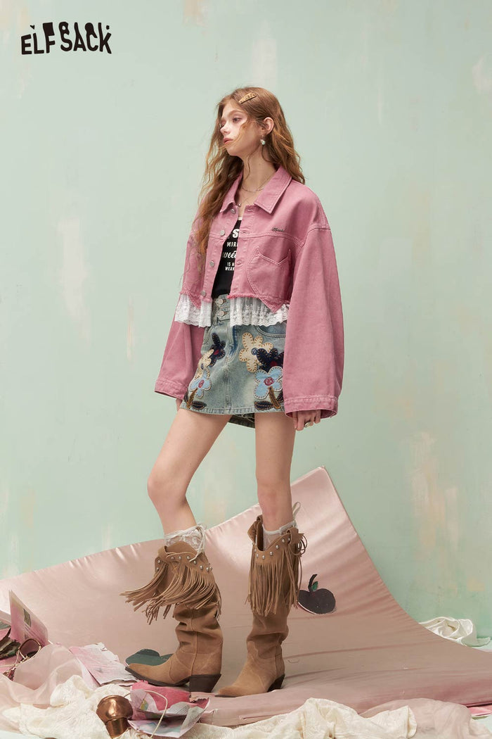 ELFSACK Vintage Sweet Girly Lace Trim Heart Pocket Cropped Denim Jacket
