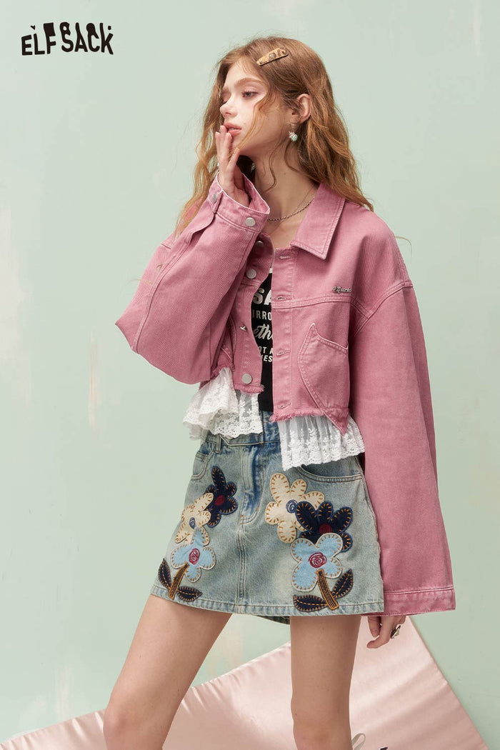 ELFSACK Vintage Sweet Girly Lace Trim Heart Pocket Cropped Denim Jacket