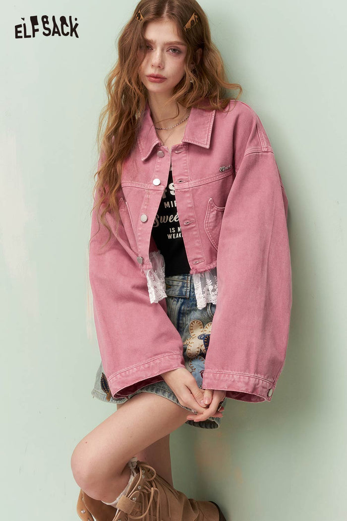 ELFSACK Vintage Sweet Girly Lace Trim Heart Pocket Cropped Denim Jacket