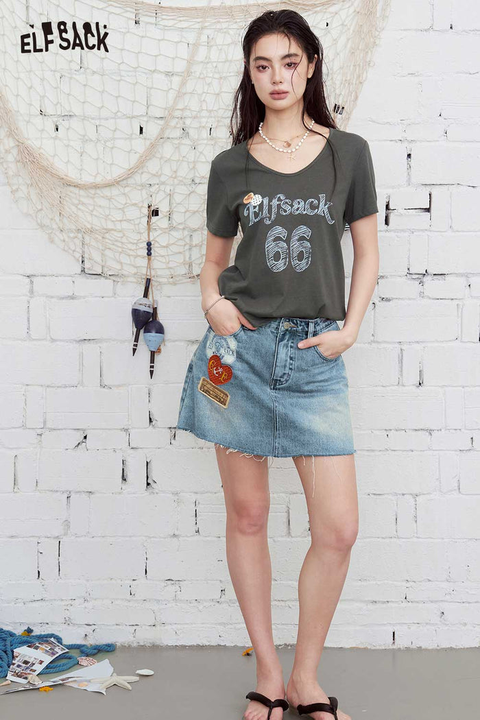 ELFSACK Vintage Washed Frayed Hem Denim Skirts