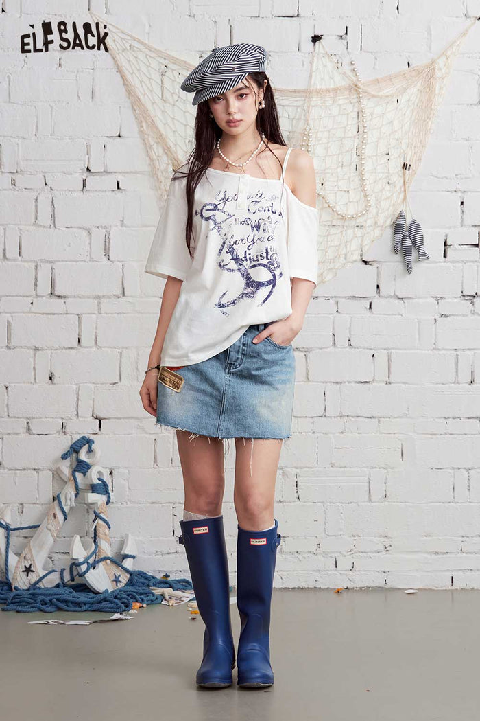 ELFSACK Vintage Washed Frayed Hem Denim Skirts