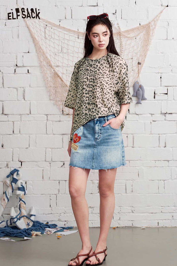 ELFSACK Vintage Washed Frayed Hem Denim Skirts