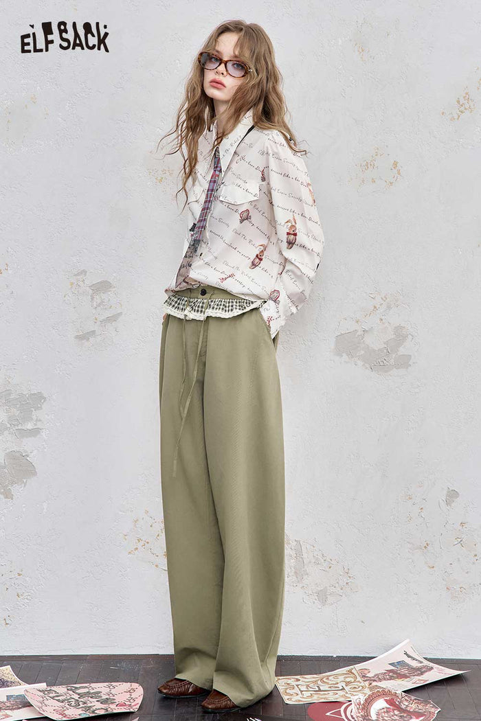 ELFSACK Viscose Blend Lace Accent Contrast Panel Fluid Silhouette Pants