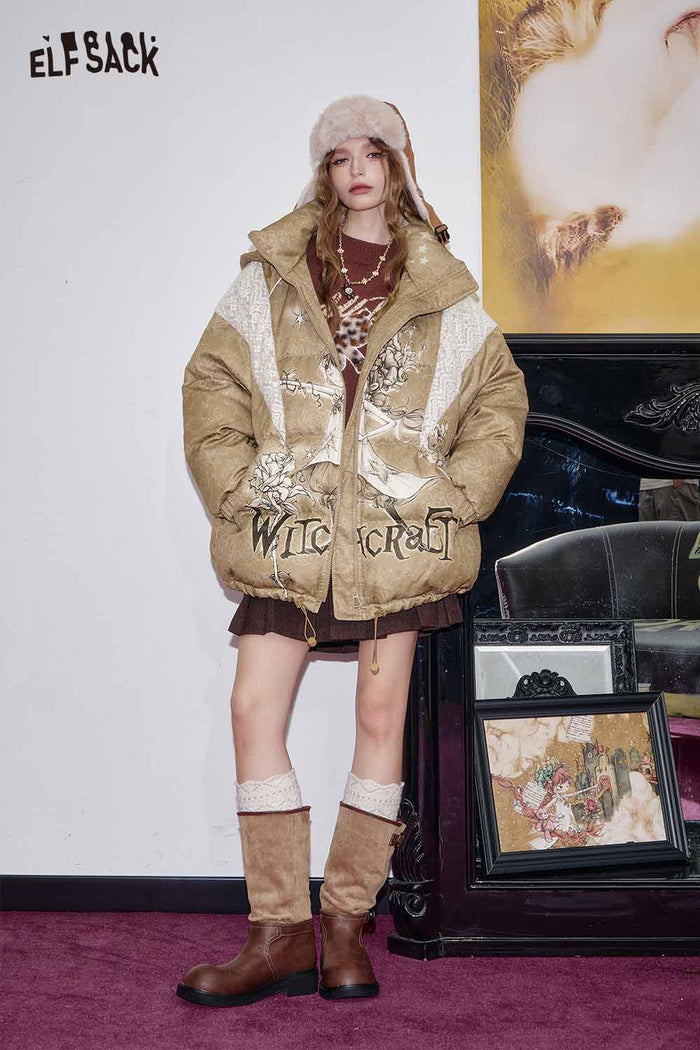 ELFSACK Warm Printed Quilted Polyester Hooded Down Jacket
