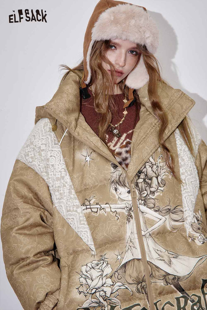 ELFSACK Warm Printed Quilted Polyester Hooded Down Jacket