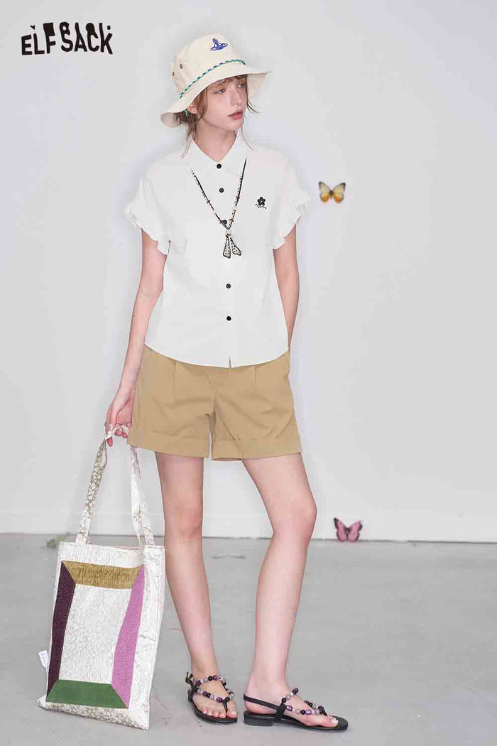 ELFSACK White Collared Embroidered Short Sleeve Shirt