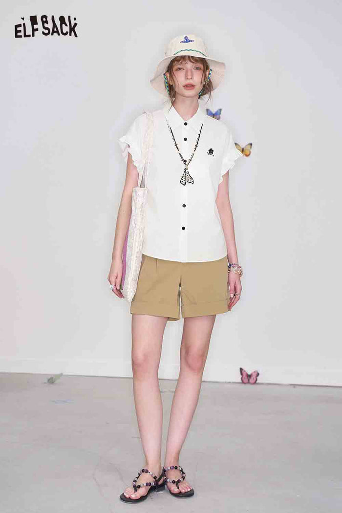 ELFSACK White Collared Embroidered Short Sleeve Shirt