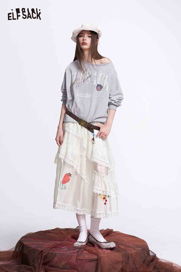 ELFSACK White Layered Lace Patchwork A-Line Skirt Design Sense Skirt Strawberry Floral Print
