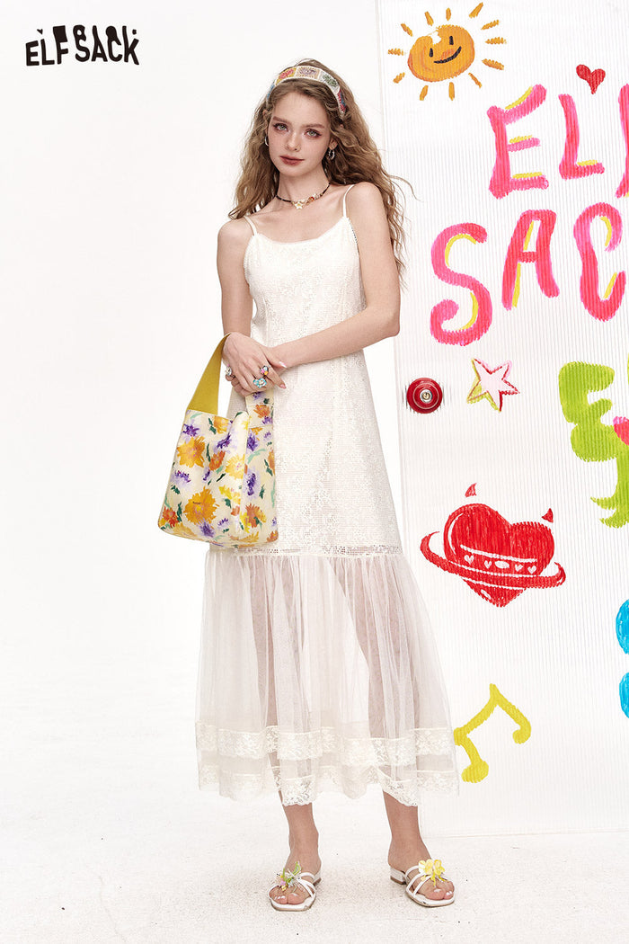 ELFSACK White Mesh Lace Patchwork Suspender Chic Dress