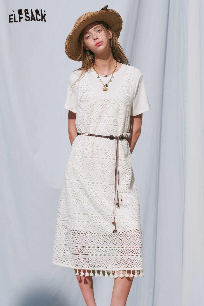 ELFSACK White T Shirt Lace Crochet Dress Set