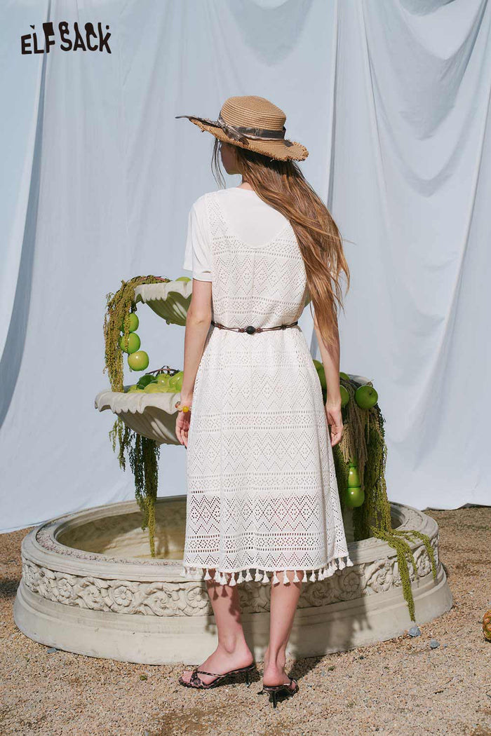 ELFSACK White T Shirt Lace Crochet Dress Set