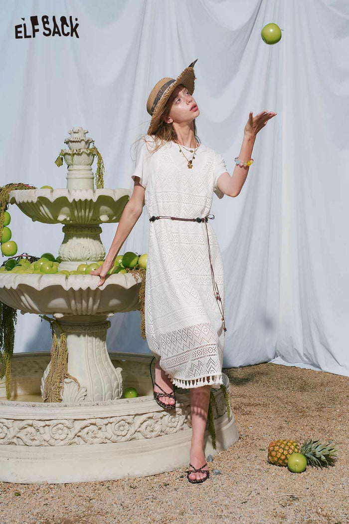 ELFSACK White T Shirt Lace Crochet Dress Set