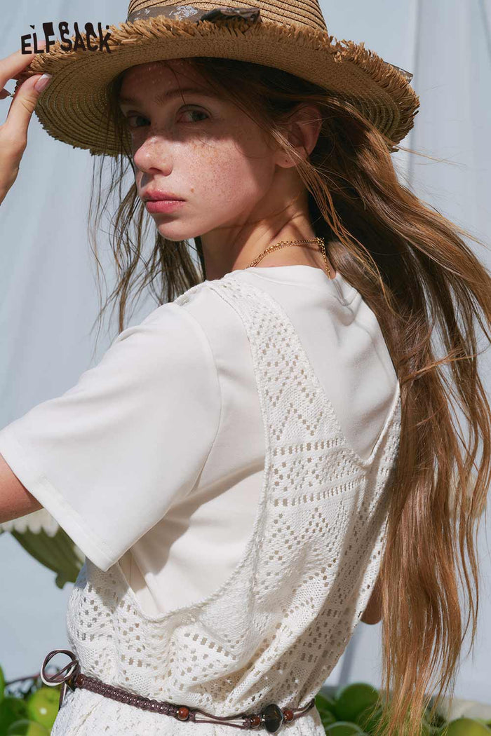 ELFSACK White T Shirt Lace Crochet Dress Set