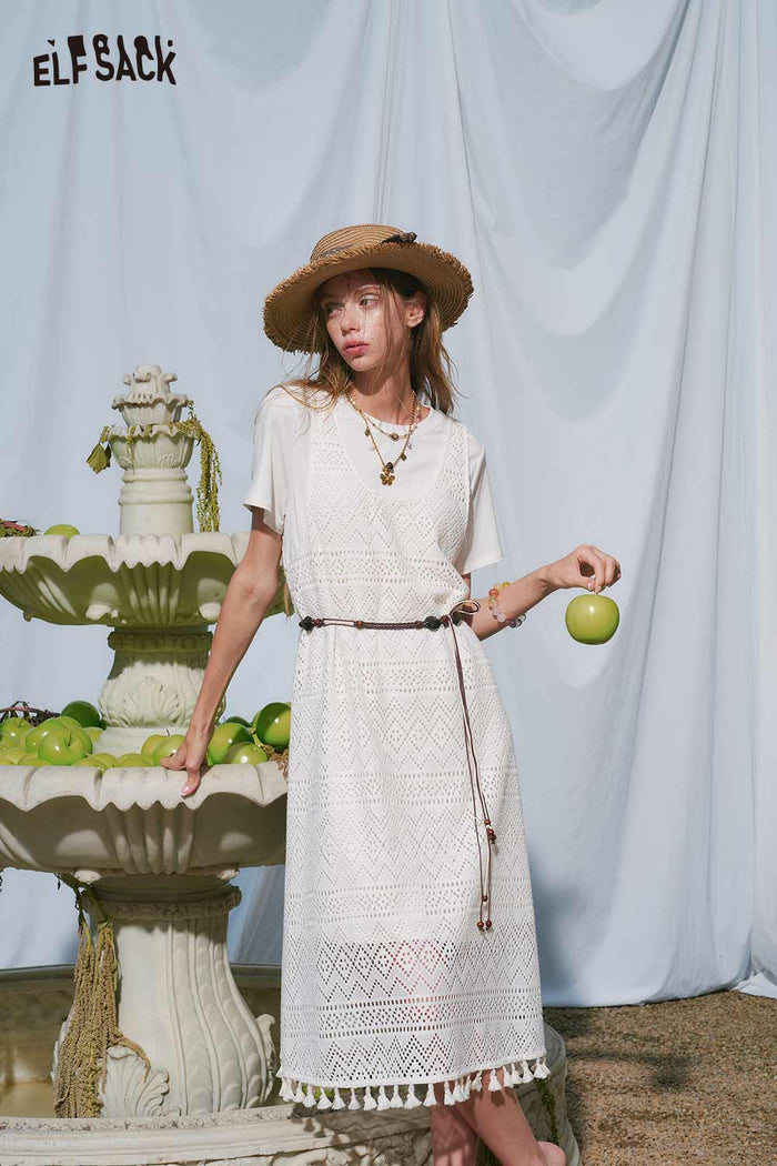 ELFSACK White T Shirt Lace Crochet Dress Set