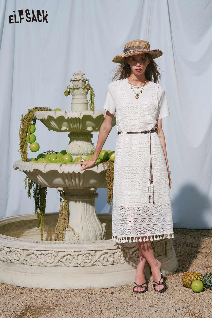 ELFSACK White T Shirt Lace Crochet Dress Set