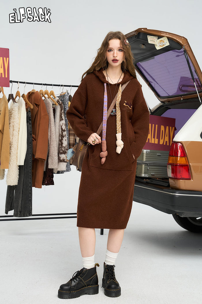 ELFSACK Women's loose slim hooded knitted long sleeve dress