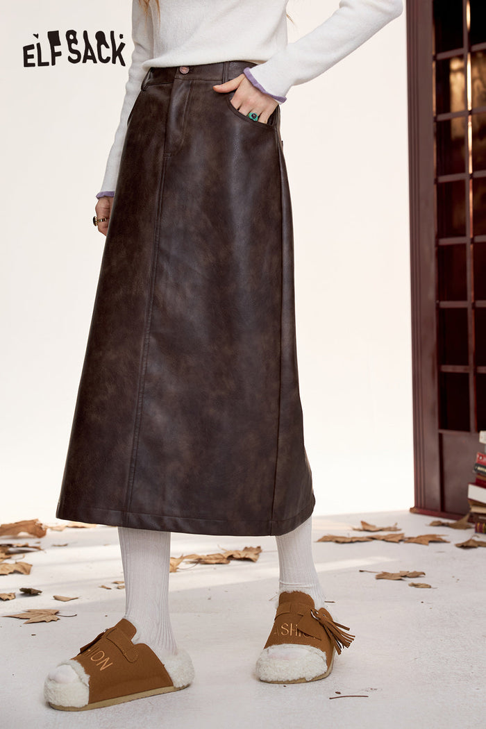 ELFSACK Women's PU leather long skirt with retro high waist and slits