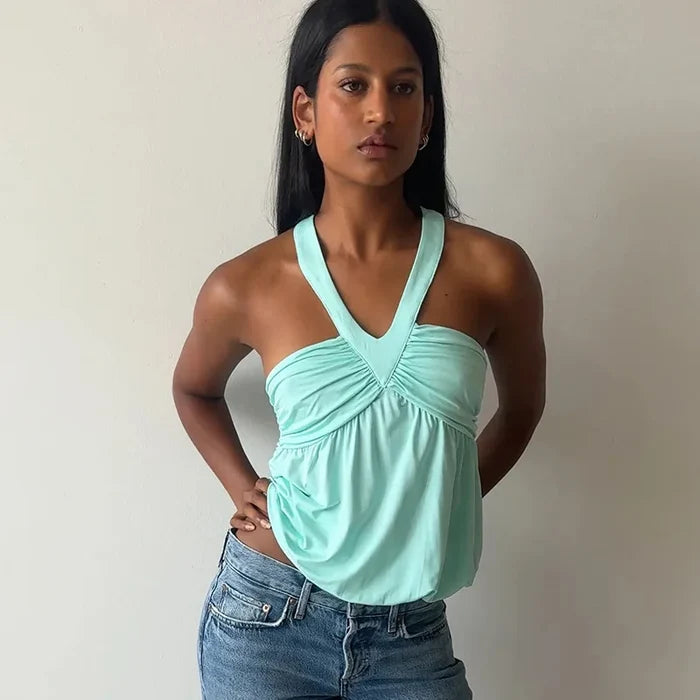 Women's Solid Color Neck Halter Splicing Sling Vest Top Sexy Babes Casual Loose