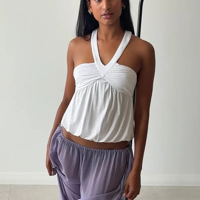 Women's Solid Color Neck Halter Splicing Sling Vest Top Sexy Babes Casual Loose