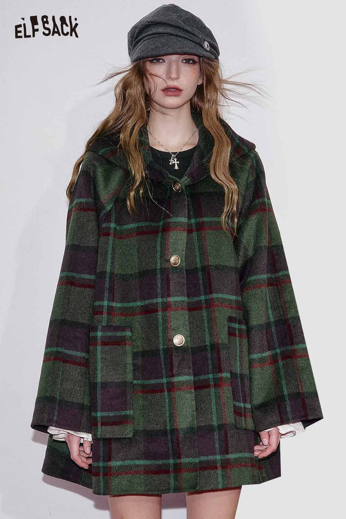ELFSACK Wool Blend Color Block Plaid Pattern Hooded Coat