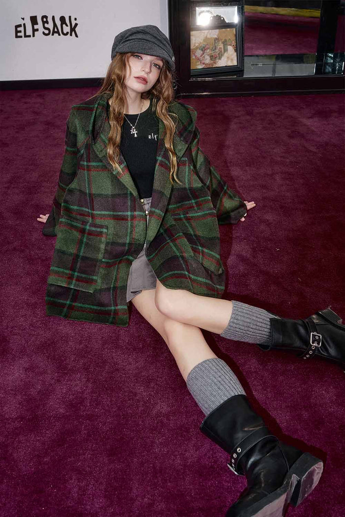 ELFSACK Wool Blend Color Block Plaid Pattern Hooded Coat