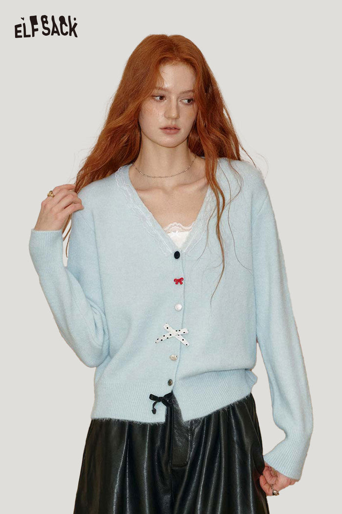 ELFSACK Wool Blend Lace Panel Detail Bow Accent Button Closure Knit Top