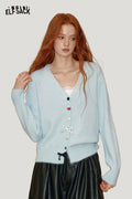 ELFSACK Wool Blend Lace Panel Detail Bow Accent Button Closure Knit Top