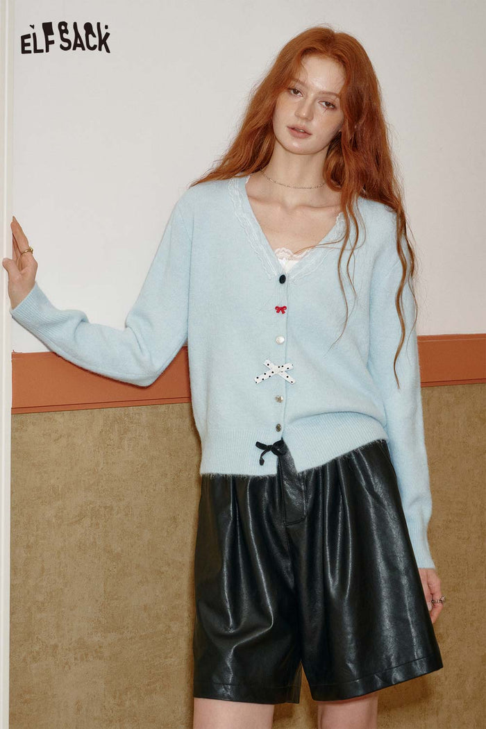 ELFSACK Wool Blend Lace Panel Detail Bow Accent Button Closure Knit Top