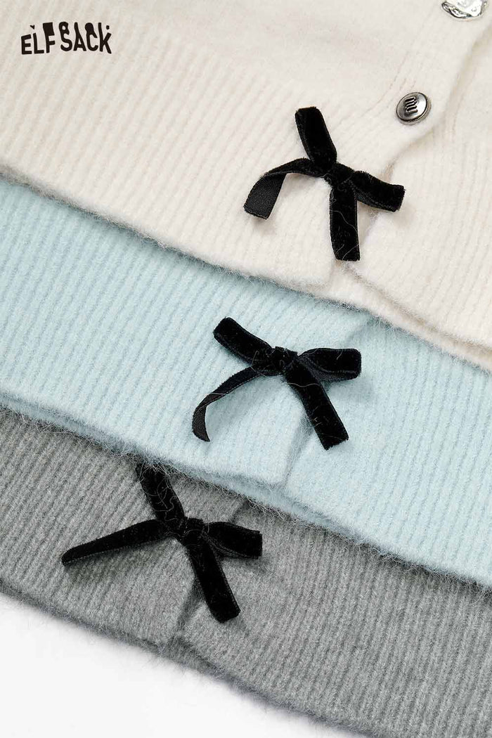 ELFSACK Wool Blend Lace Panel Detail Bow Accent Button Closure Knit Top