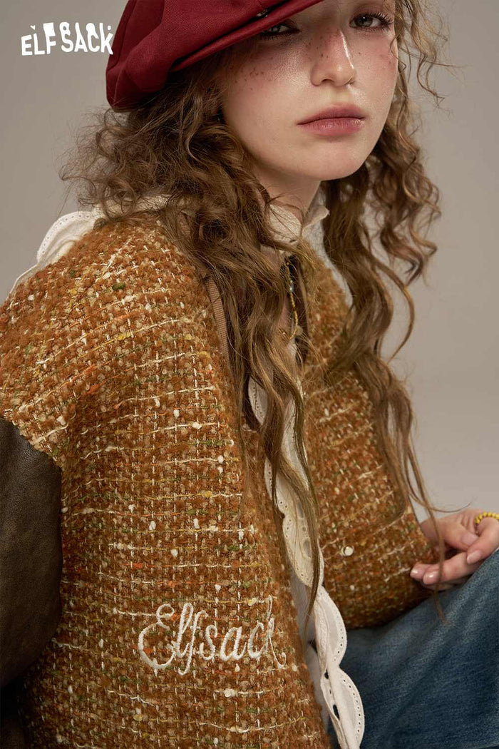 ELFSACK Wool Leather Applique Embroidery Raglan Sleeve Hybrid Jacket