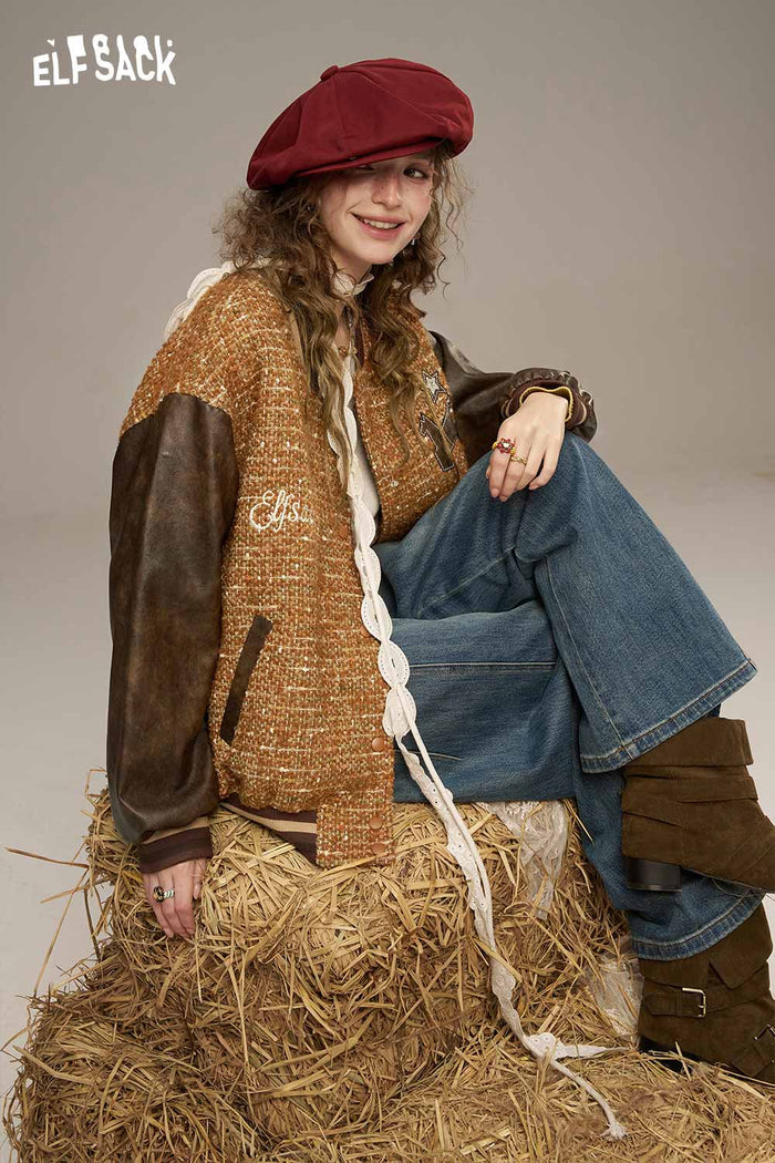 ELFSACK Wool Leather Applique Embroidery Raglan Sleeve Hybrid Jacket