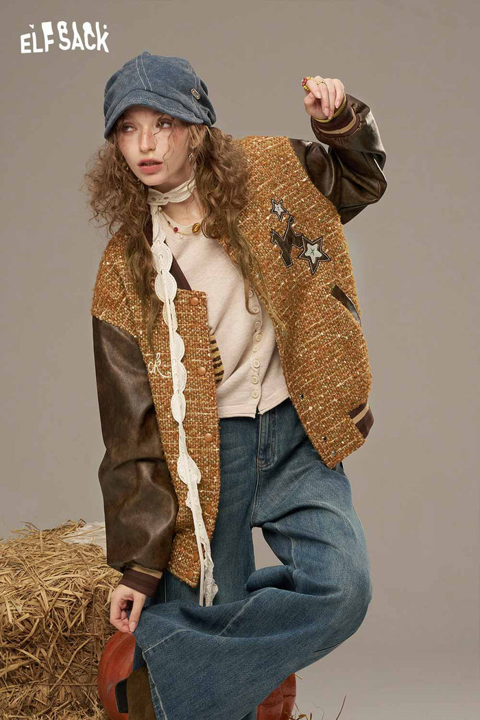 ELFSACK Wool Leather Applique Embroidery Raglan Sleeve Hybrid Jacket