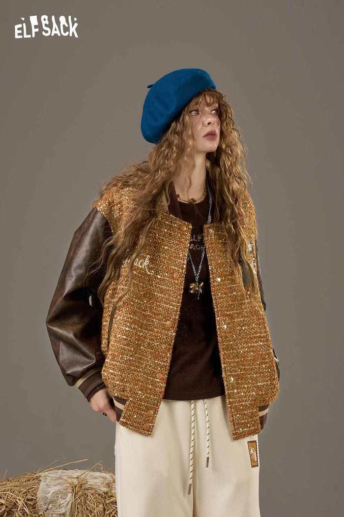 ELFSACK Wool Leather Applique Embroidery Raglan Sleeve Hybrid Jacket
