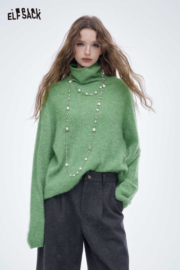 ELFSACK Wool Loose Classic High Neck Slouchy Solid Base Sweater