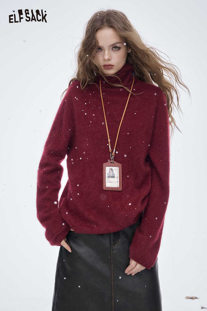 ELFSACK Wool Loose Classic High Neck Slouchy Solid Base Sweater