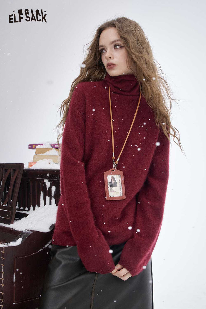 ELFSACK Wool Loose Classic High Neck Slouchy Solid Base Sweater