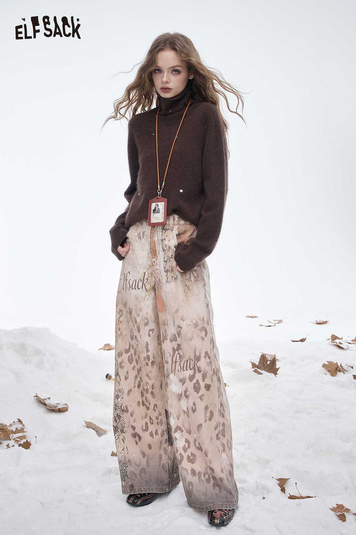 ELFSACK Wool Loose Classic High Neck Slouchy Solid Base Sweater