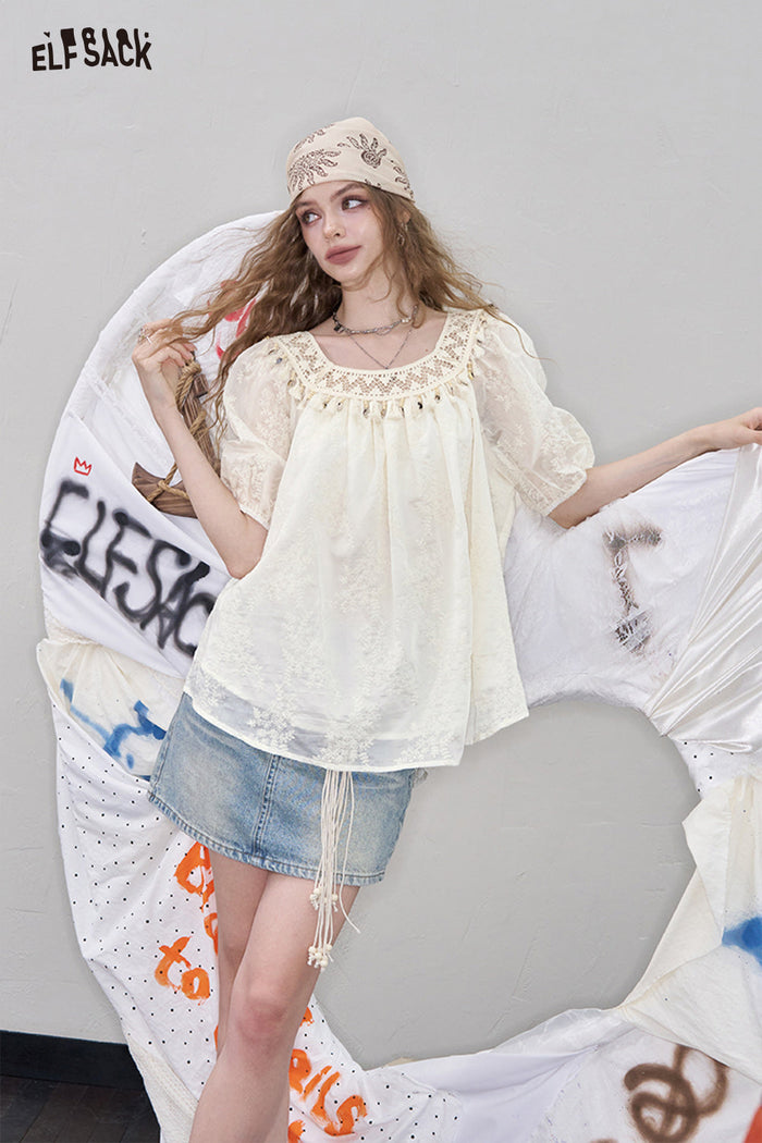 ELFSACK Woven Fringe Jacquard Lace Blouse