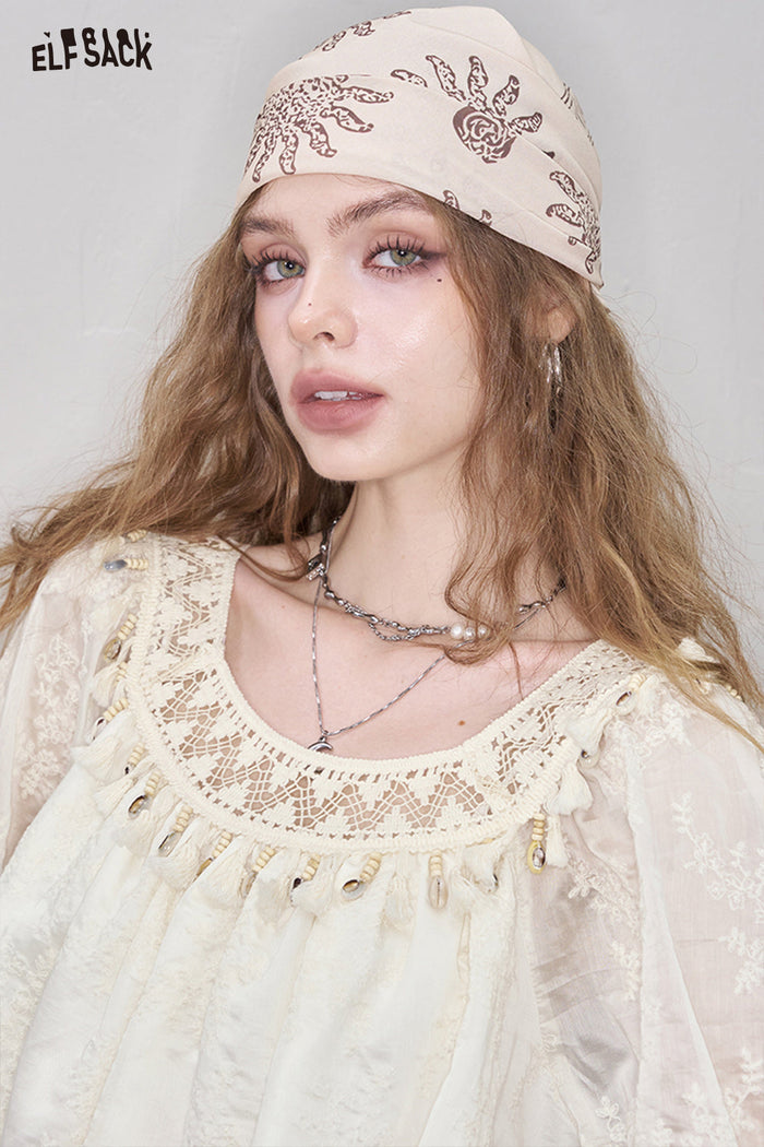 ELFSACK Woven Fringe Jacquard Lace Blouse