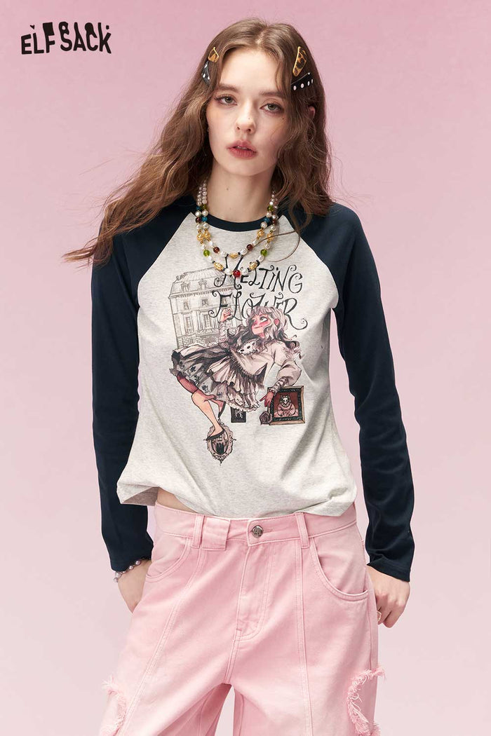 ELFSACK Y2K Contrast Sleeve Fitted Long Sleeve Tshirt