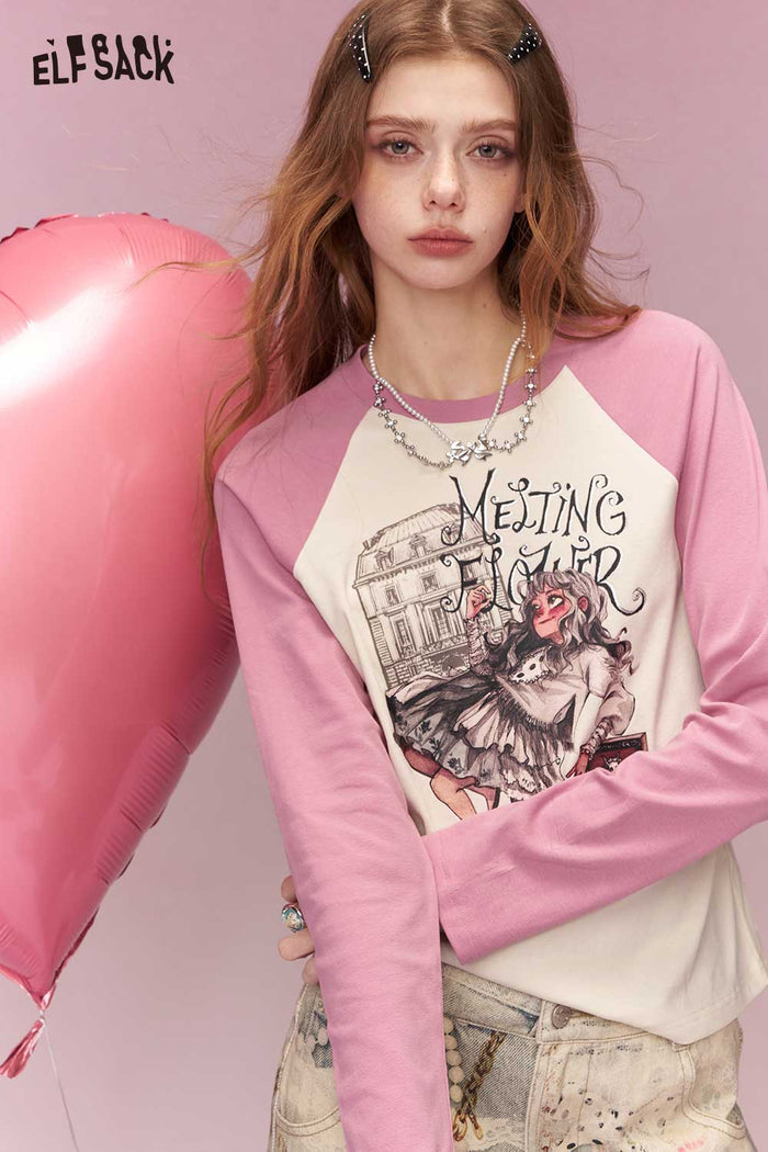 ELFSACK Y2K Contrast Sleeve Fitted Long Sleeve Tshirt