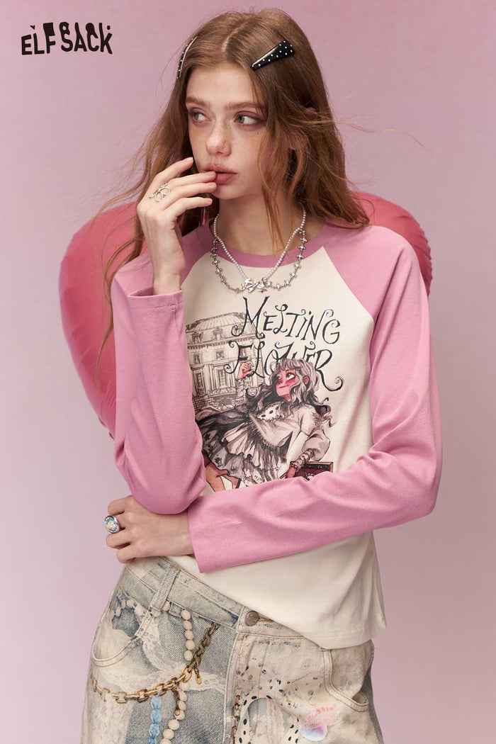 ELFSACK Y2K Contrast Sleeve Fitted Long Sleeve Tshirt