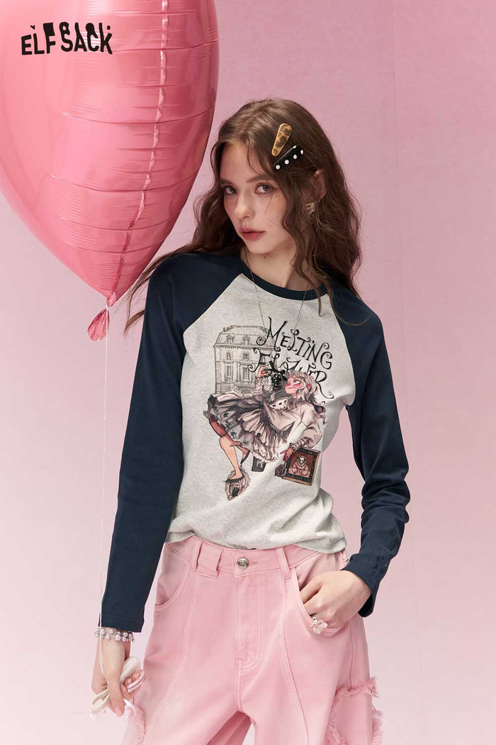ELFSACK Y2K Contrast Sleeve Fitted Long Sleeve Tshirt