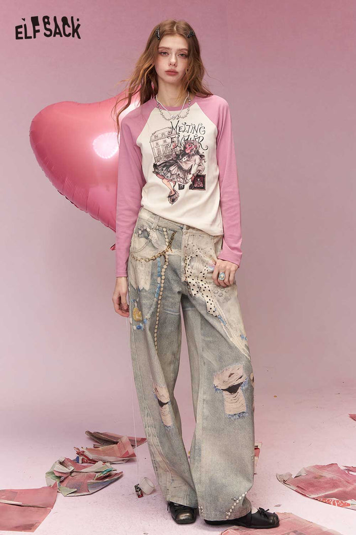 ELFSACK Y2K Contrast Sleeve Fitted Long Sleeve Tshirt